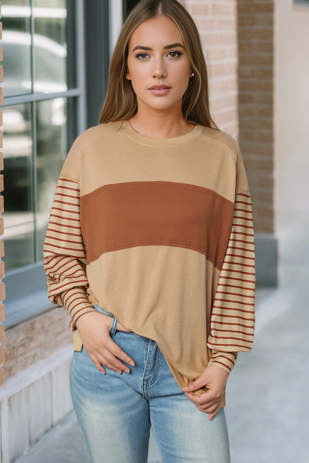 Light French Beige Colorblock Striped Bishop Sleeve Top