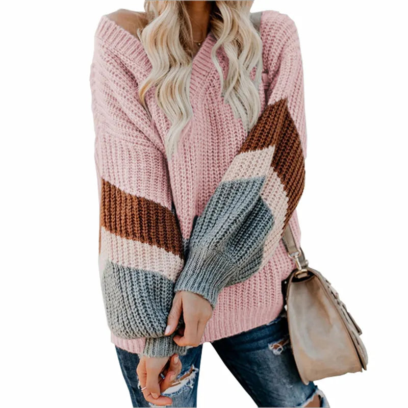 V Neck Striped Patchwork Sleeve Knit Sweater Women Loose Pullover Fall Sweaters and Pullovers Fashion New