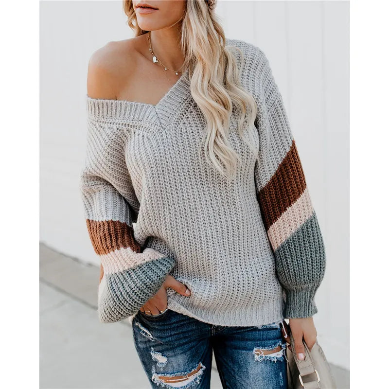 V Neck Striped Patchwork Sleeve Knit Sweater Women Loose Pullover Fall Sweaters and Pullovers Fashion New