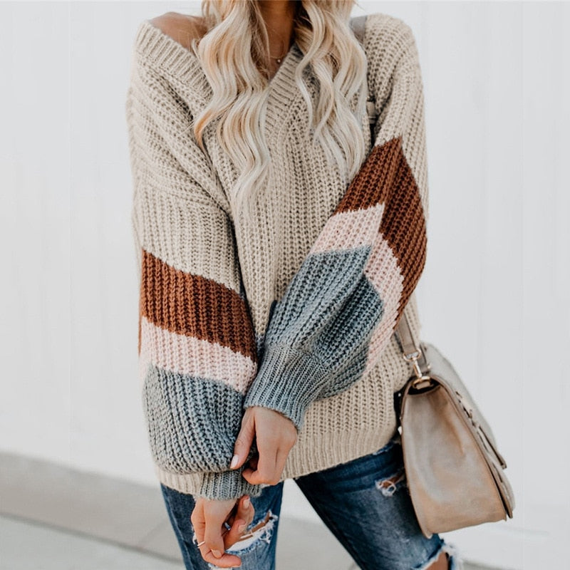 V Neck Striped Patchwork Sleeve Knit Sweater Women Loose Pullover Fall Sweaters and Pullovers Fashion New