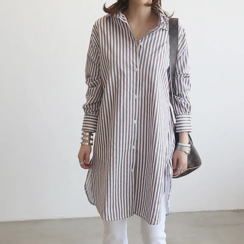 Button Up Women's Striped Kimono Shirt Spring Fall Loose Bule Long Blouse Women Casual Long Sleeve Cardigan Top Blusas Y Camisas