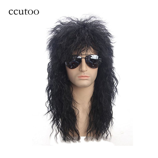 ccutoo 70s 80s Halloween Costumes Rocking Dude Black Curly Synthetic Hair Wigs Punk Metal Rocker Disco Mullet Cosplay Wig Only