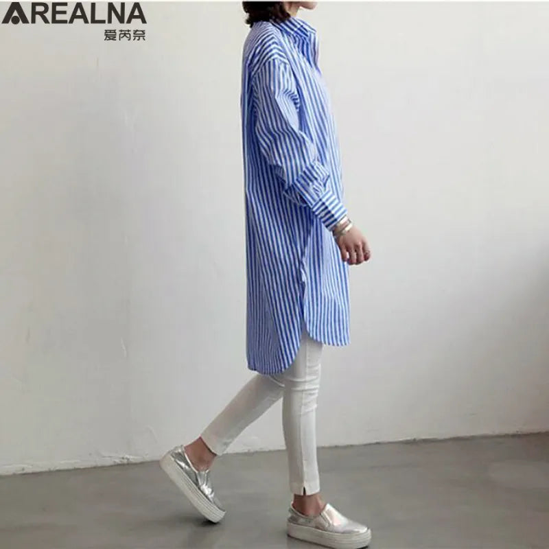 Button Up Women's Striped Kimono Shirt Spring Fall Loose Bule Long Blouse Women Casual Long Sleeve Cardigan Top Blusas Y Camisas