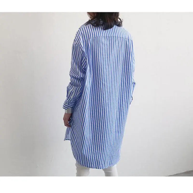 Button Up Women's Striped Kimono Shirt Spring Fall Loose Bule Long Blouse Women Casual Long Sleeve Cardigan Top Blusas Y Camisas