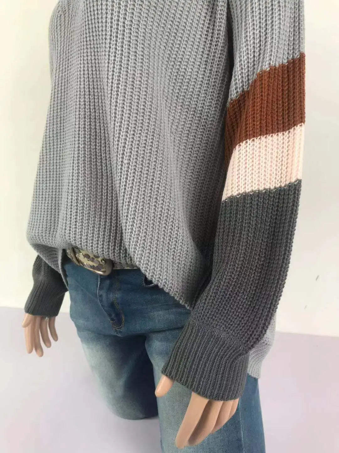 V Neck Striped Patchwork Sleeve Knit Sweater Women Loose Pullover Fall Sweaters and Pullovers Fashion New