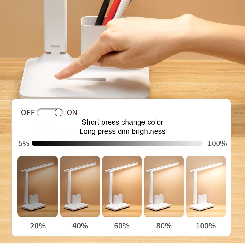 LED USB Touch Dimming Desk Lamp Eye Protection Working Reading Recharageable Table Lamp Multi-Function Bracket Pen Holder Light