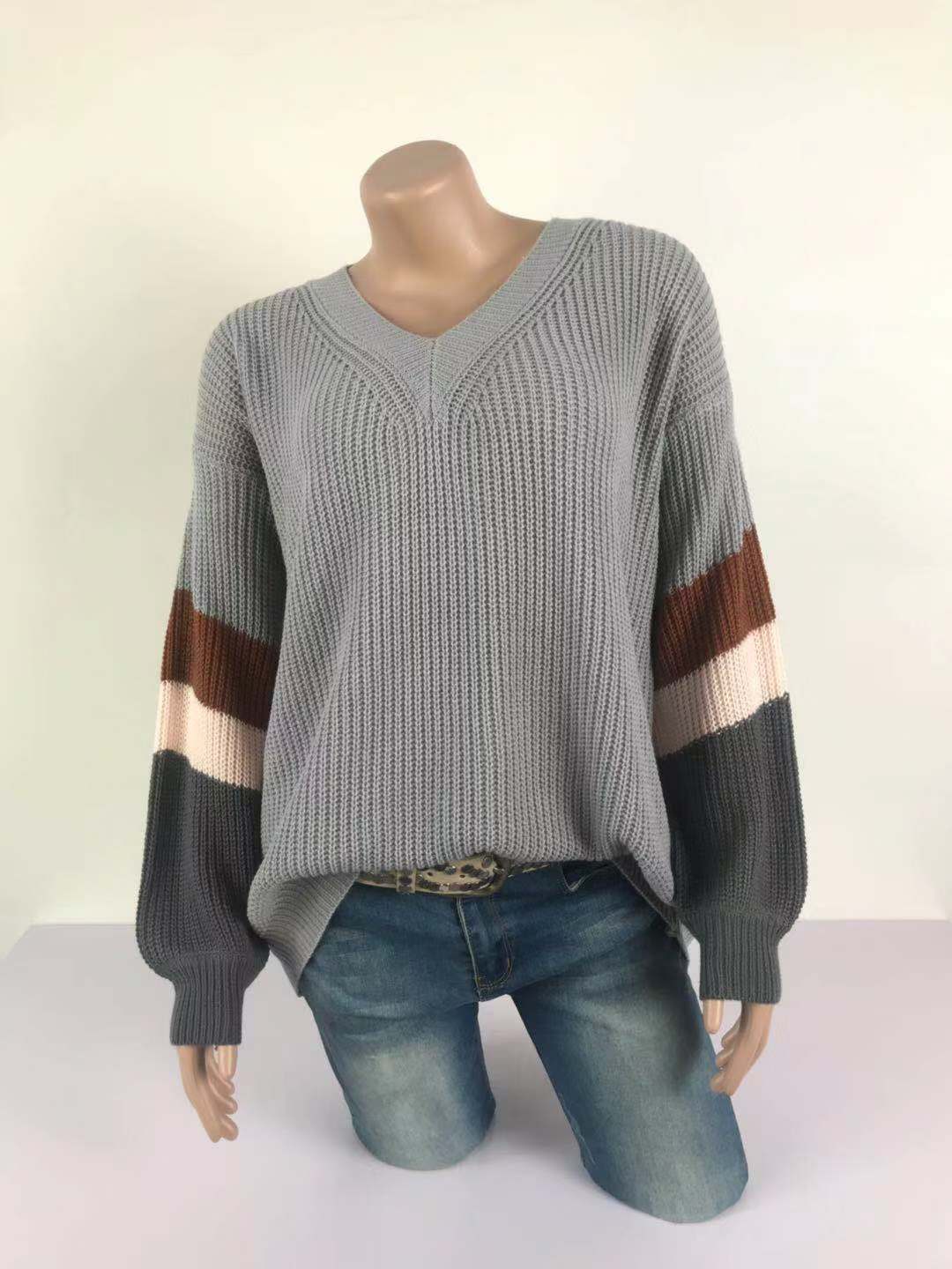 V Neck Striped Patchwork Sleeve Knit Sweater Women Loose Pullover Fall Sweaters and Pullovers Fashion New