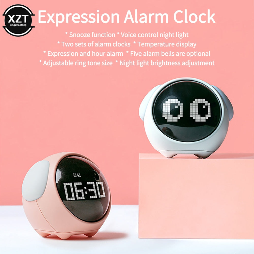 2022 New Cute Expression Alarm Clock Child Multifunctional Bedside Voice Control Night Light Snooze Chargeable Child Alarm Clock